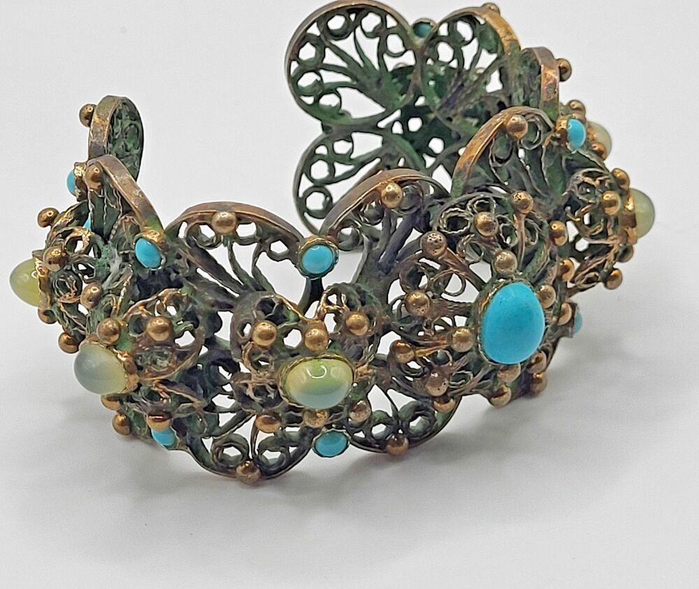 Estate Chunky Opal Turquoise Copper Bangle Bracelet 6.5in